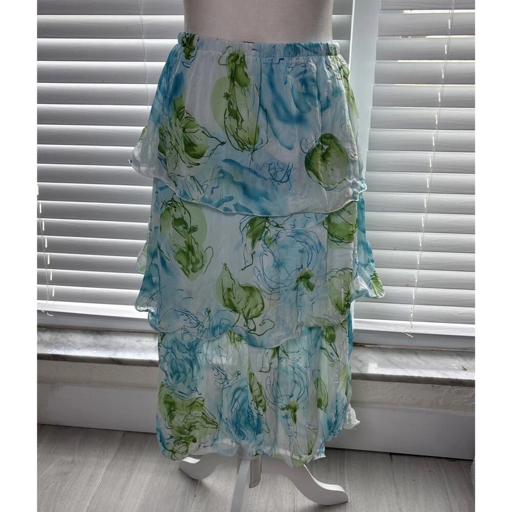 Floral Tiered Ruffle Midi Skirt Blue Green Romantic Cottagecore Size M - Picture 6 of 9